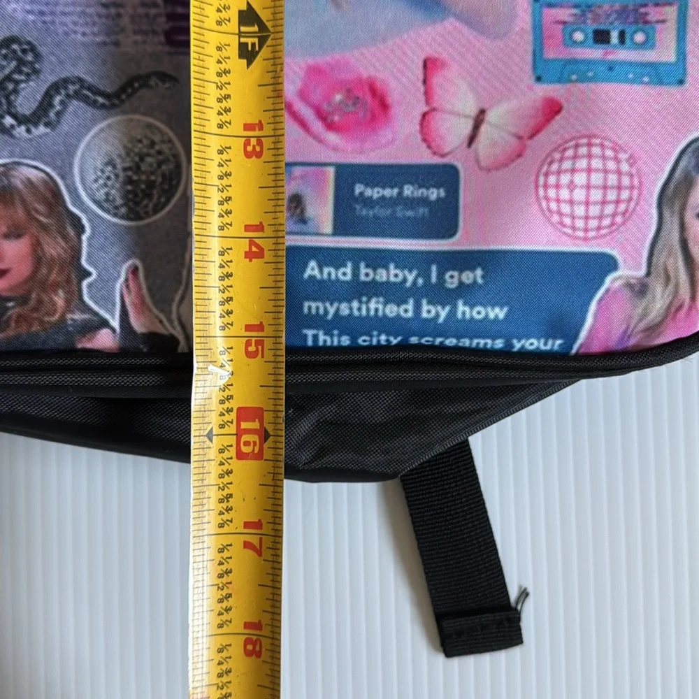 Taylor Swift inspired black, pink & gray collage backpack.